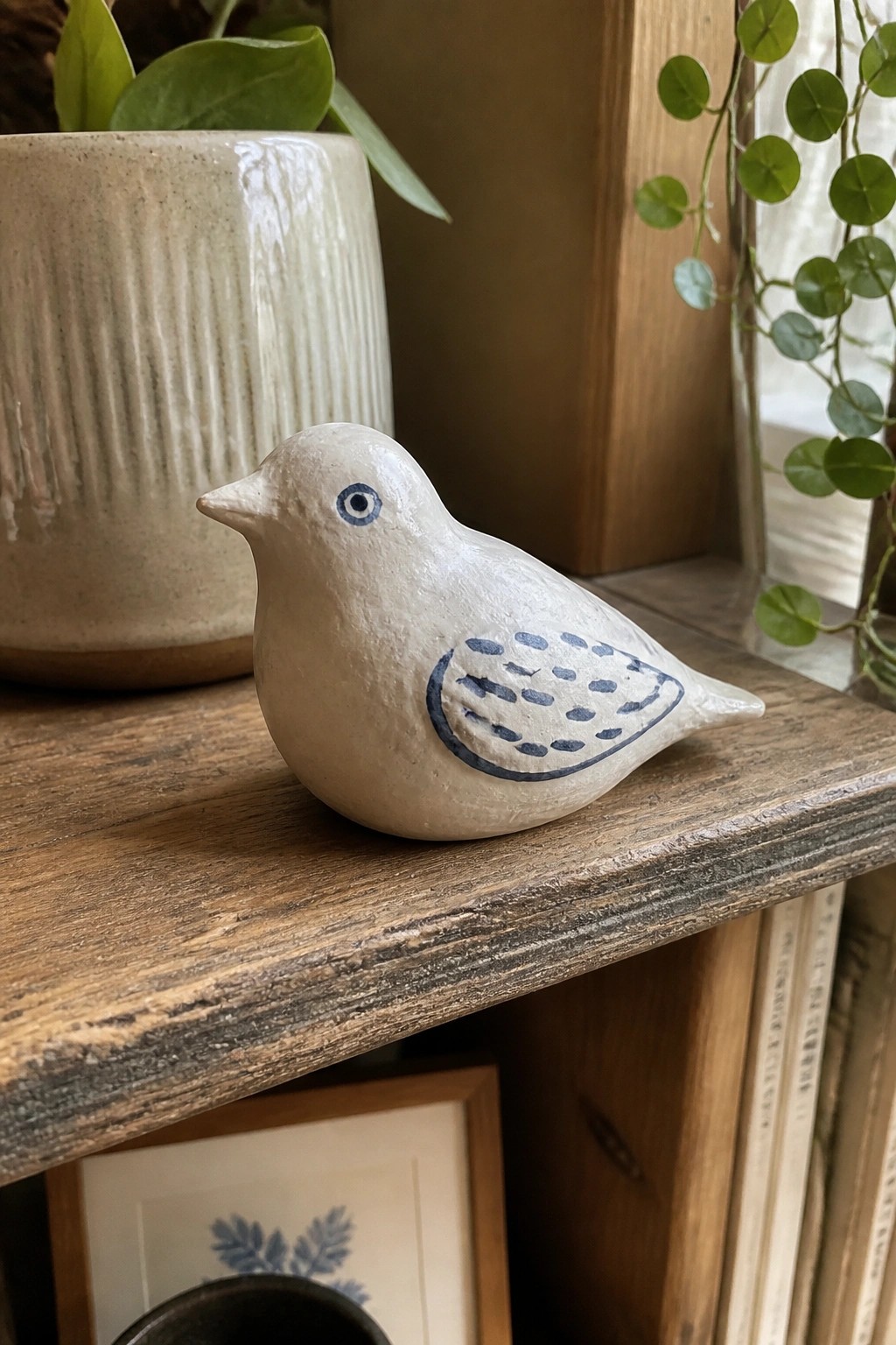 White ceramic bird figurine with blue eye and wing pattern on wooden shelf