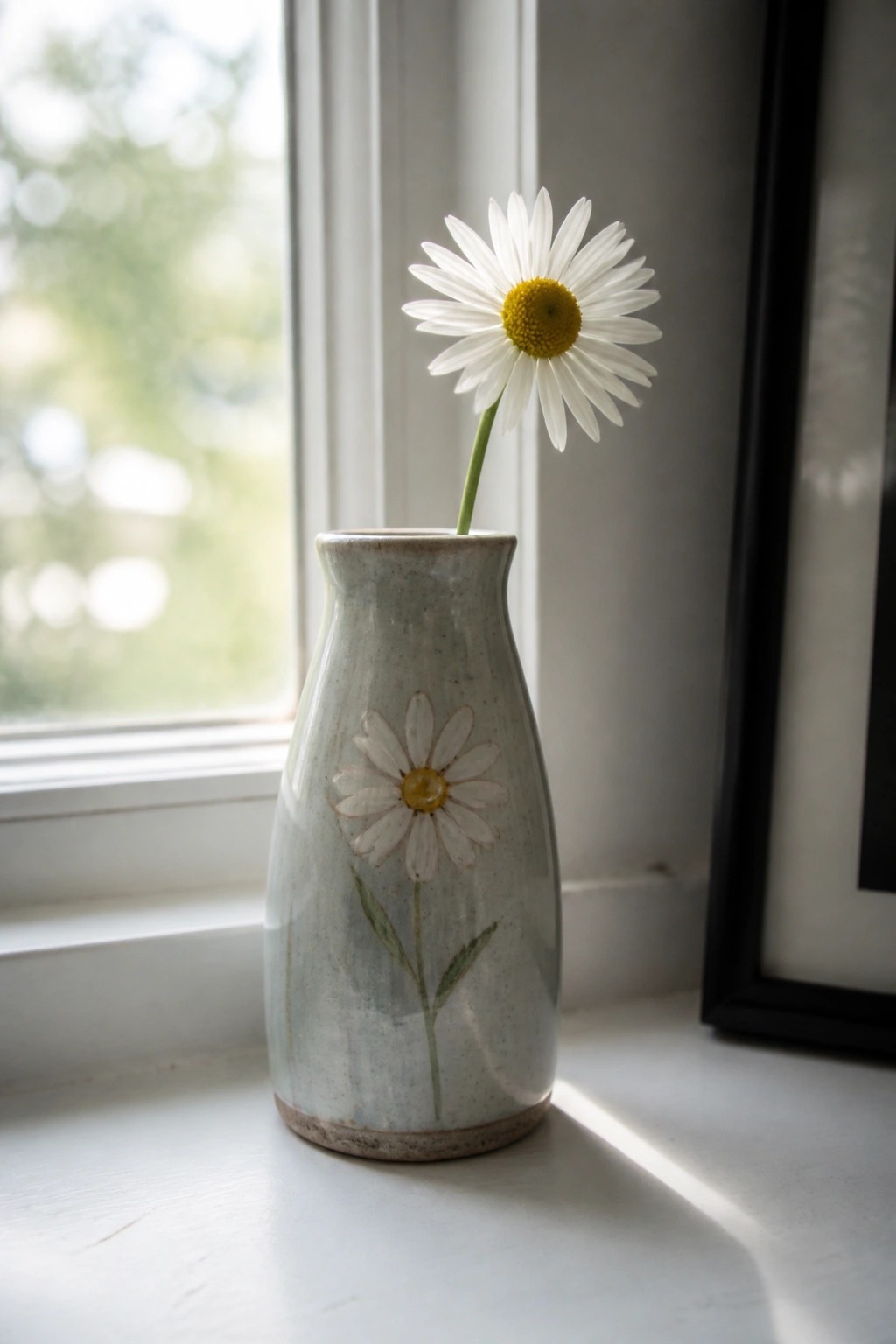 White daisy in pale blue ceramic vase with daisy motif on windowsill