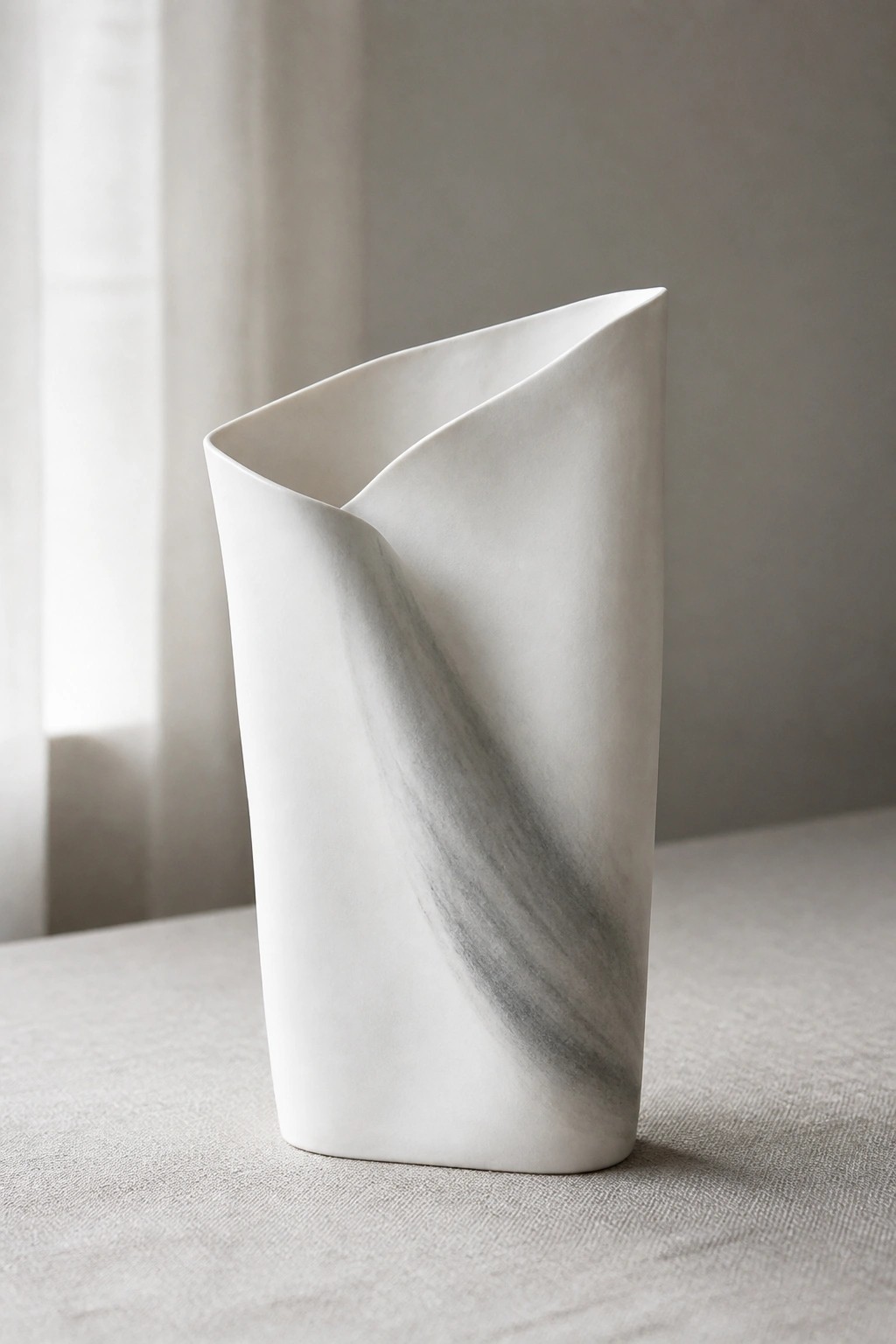 White ceramic vase with twisted asymmetrical form on gray fabric surface