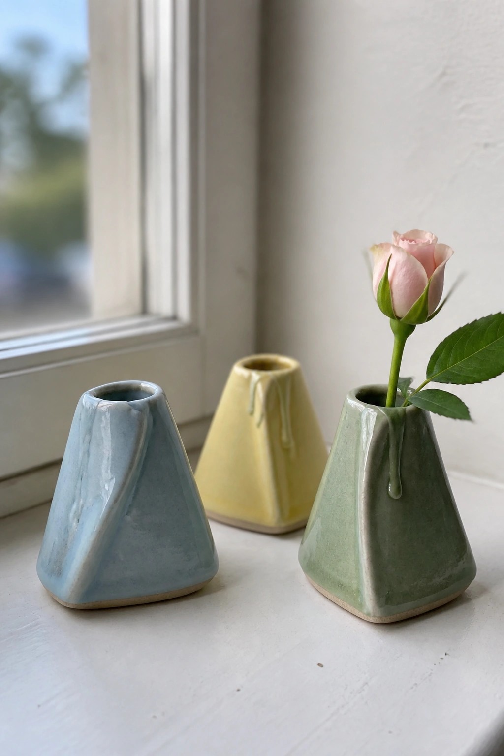 Three ceramic vases in blue, yellow, and green on a windowsill with pink rose.