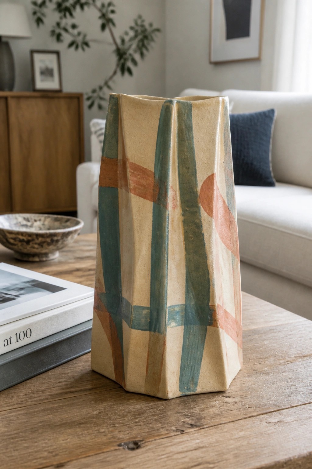 Faceted ceramic vase with abstract teal and terracotta patterns on wooden table.
