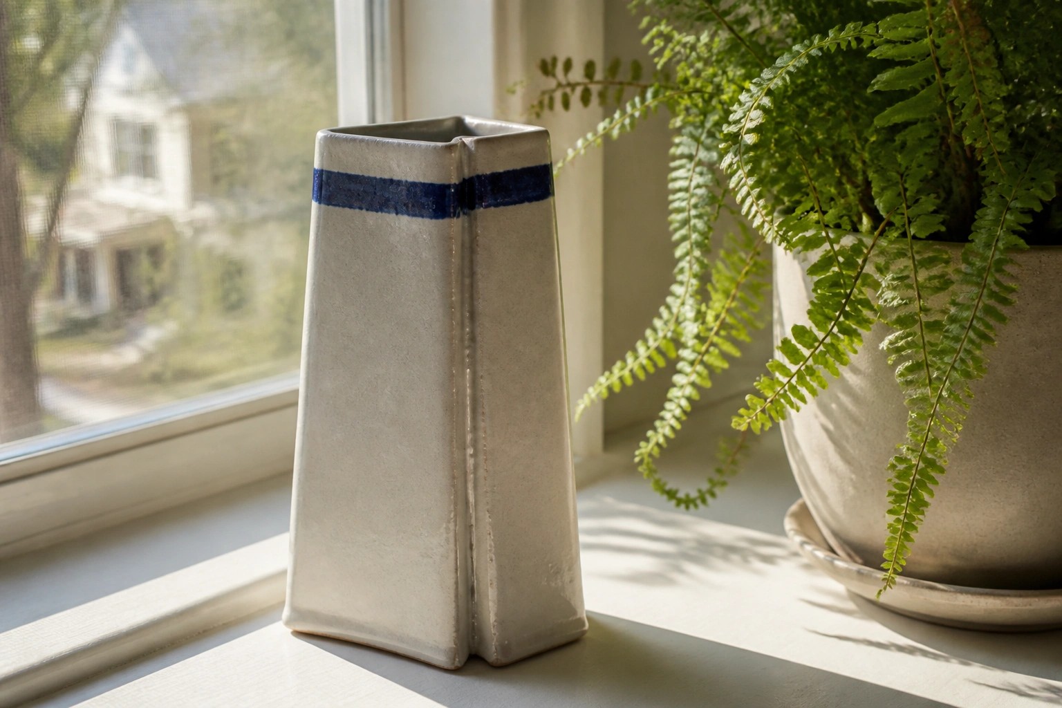 Angular gray ceramic vase with blue stripe beside potted fern on windowsill.