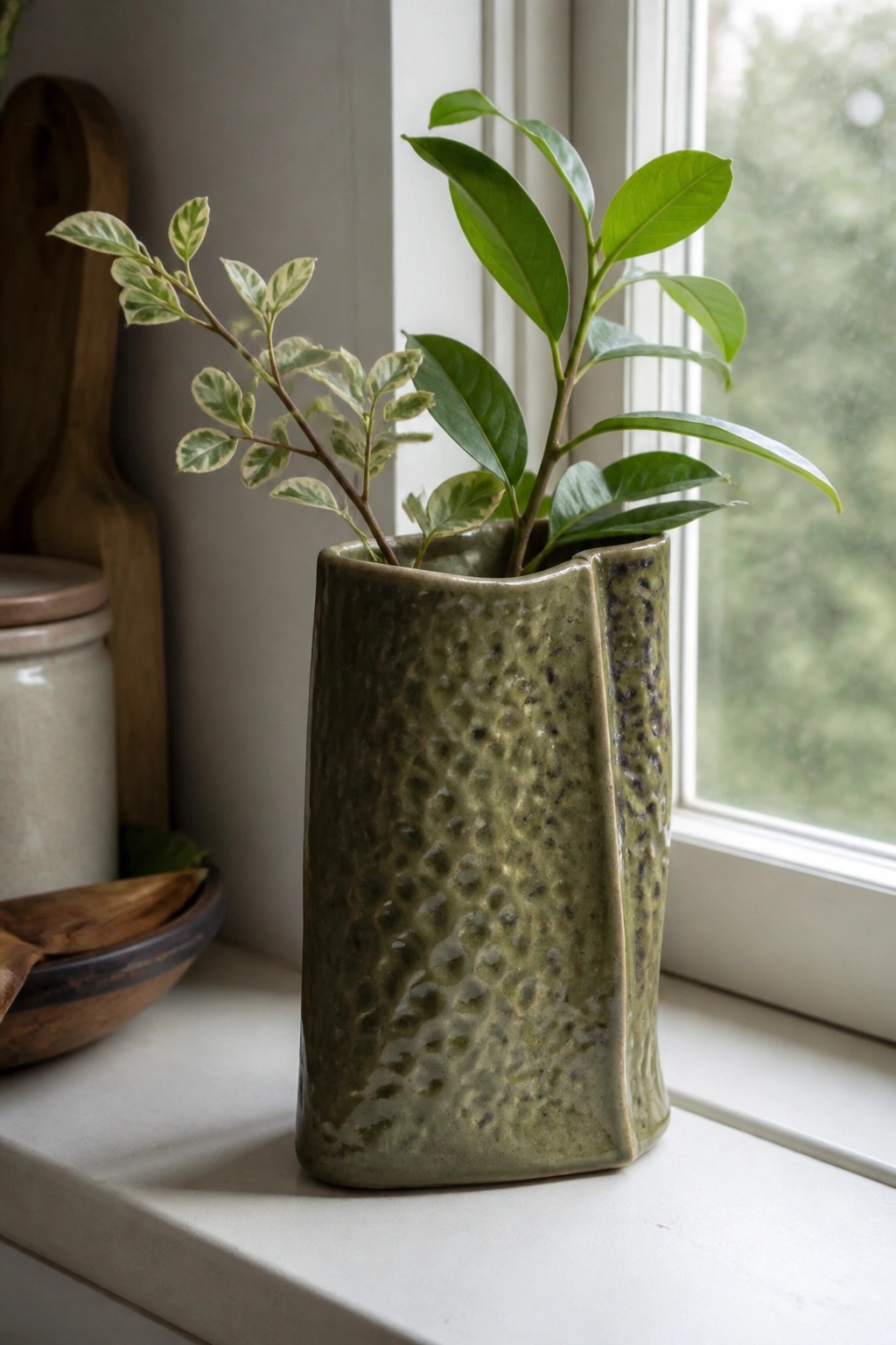 Green textured vase with variegated and glossy green leaves on windowsill