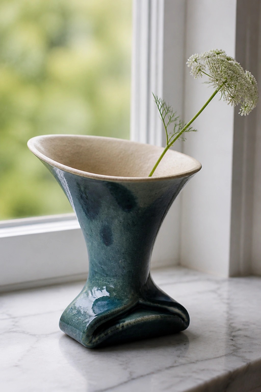 Teal ceramic vase with white wildflower on marble windowsill ledge.