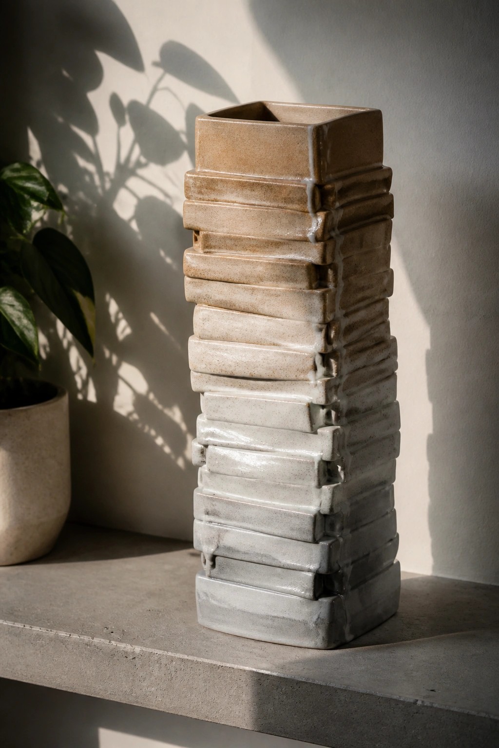 Stacked ceramic vase in beige and gray tones with dripping glaze on ledge