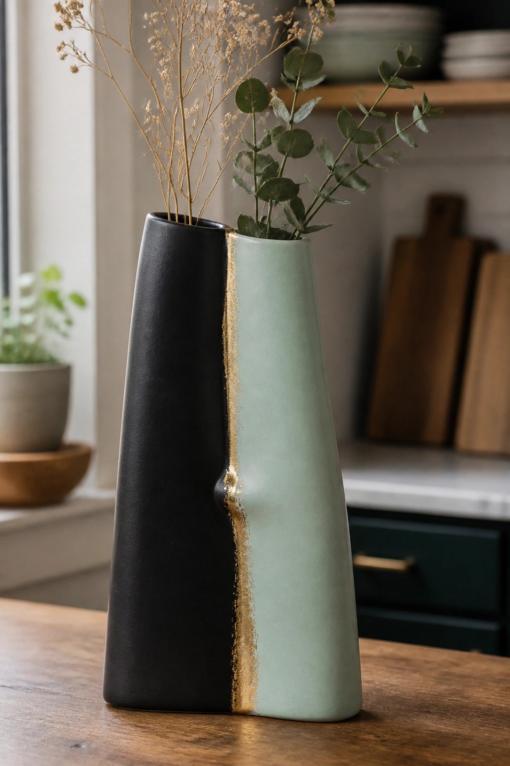 Black and sage green ceramic vase with gold seam holding eucalyptus and dried stems on wood table