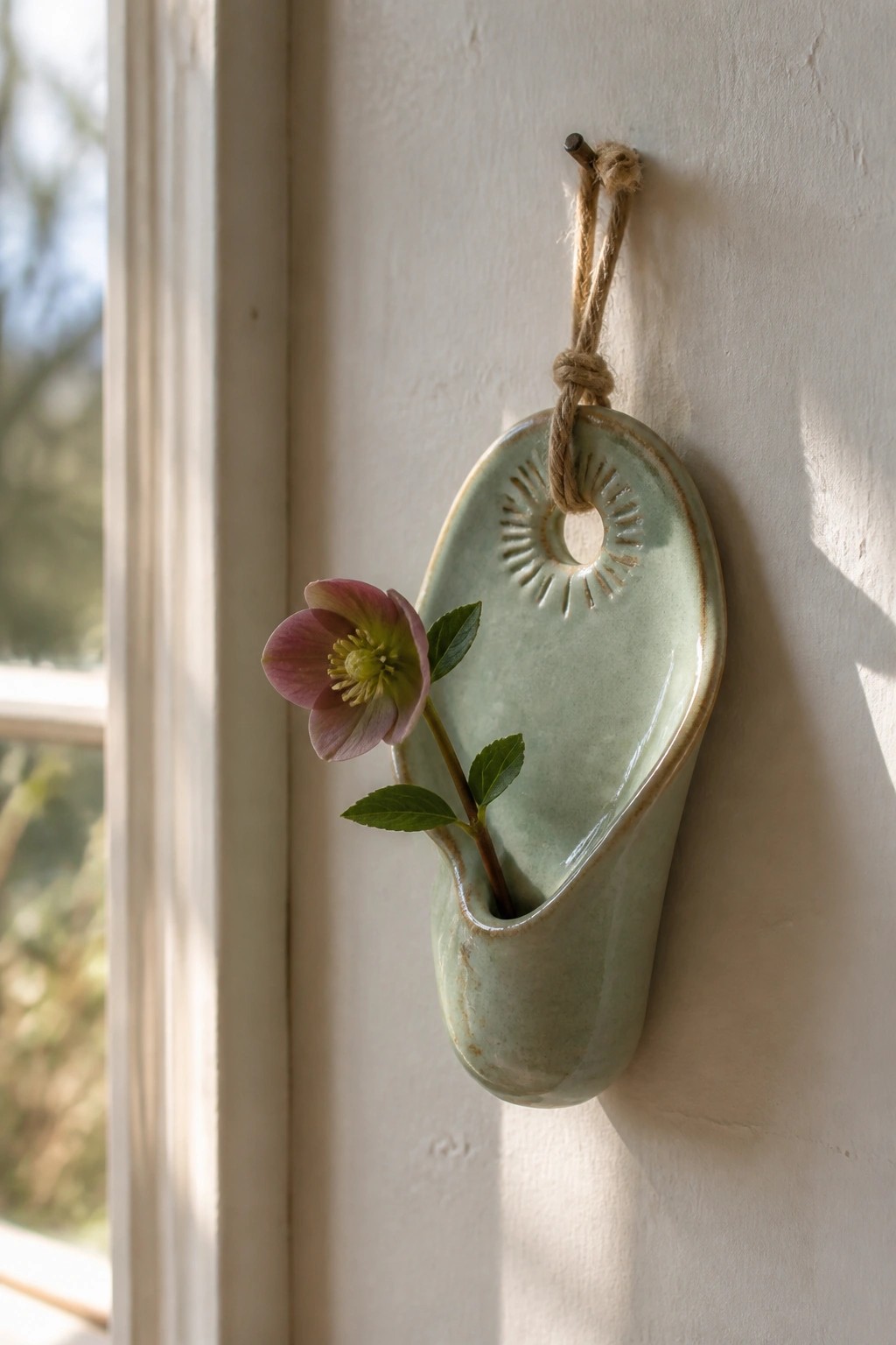 Light green ceramic wall vase with pink flower, hung by twine near window