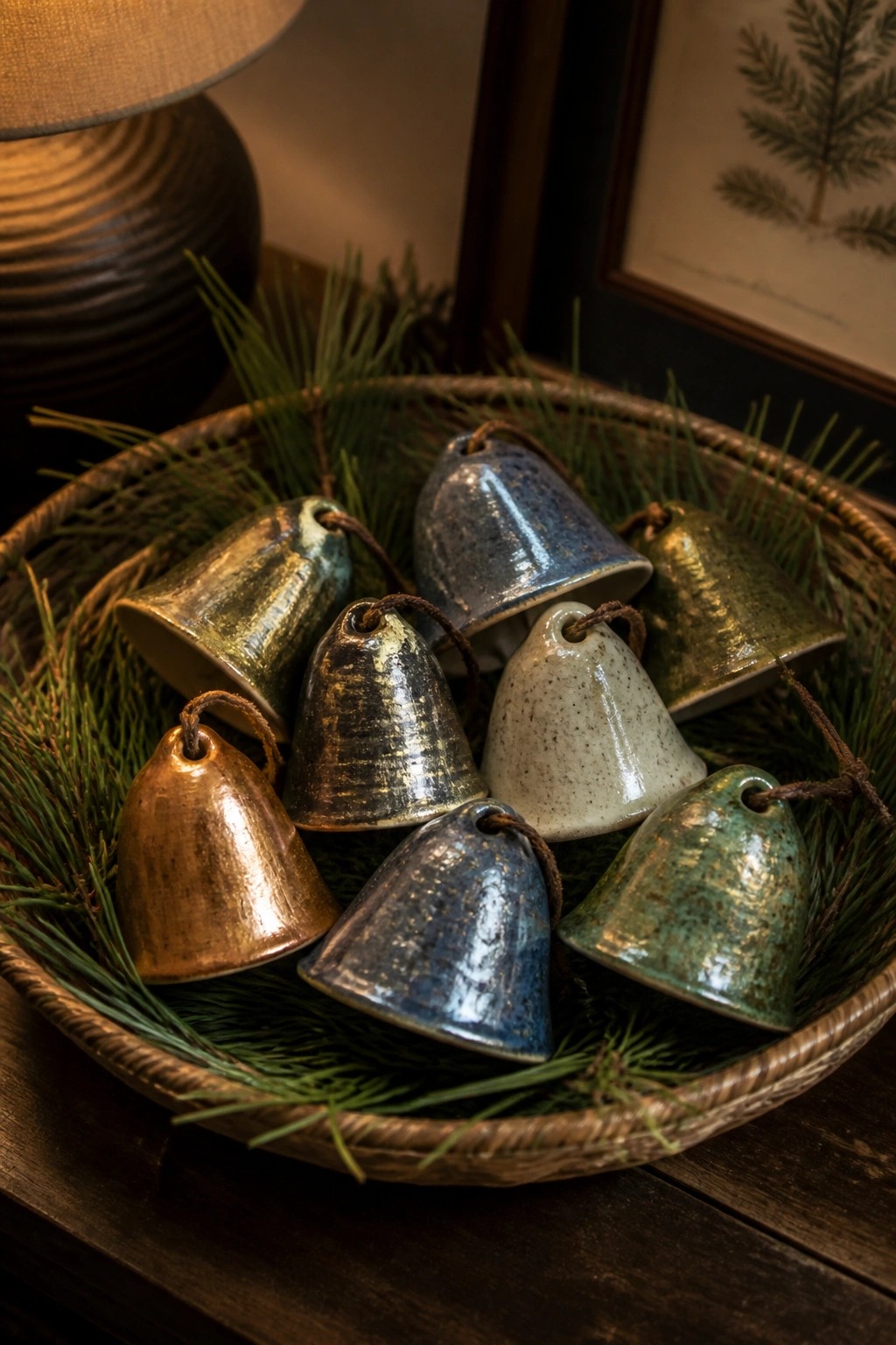 Colorful glazed ceramic bells nestled in a woven basket with pine greenery