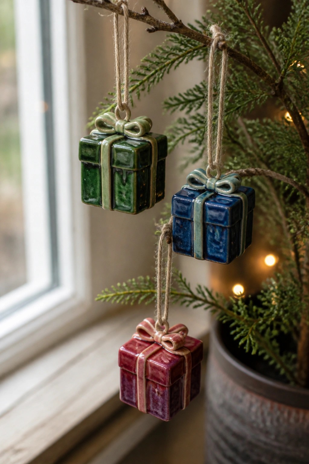 Three colorful ceramic gift box ornaments hanging from a tree branch.
