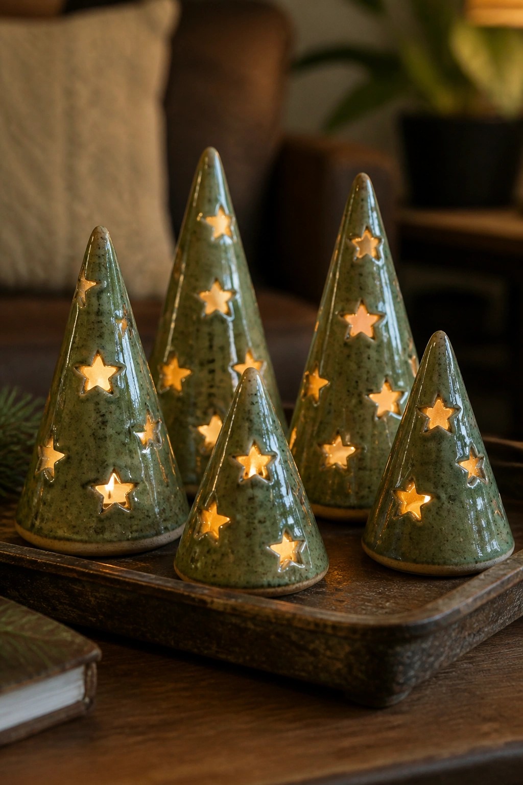 Five glowing green ceramic trees with star cutouts on a wooden tray.