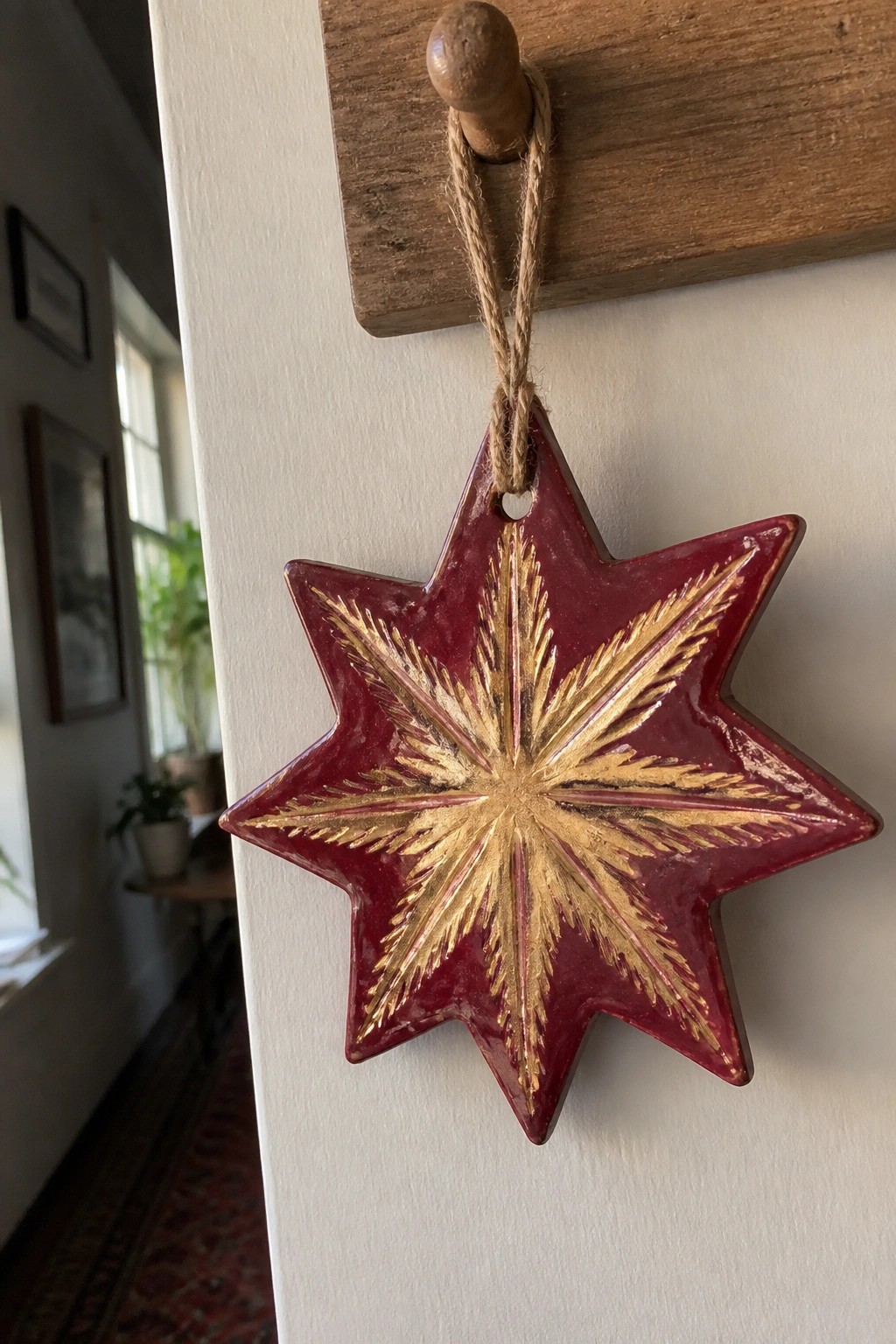 Red star ornament with gold rays hanging from wooden peg by twine