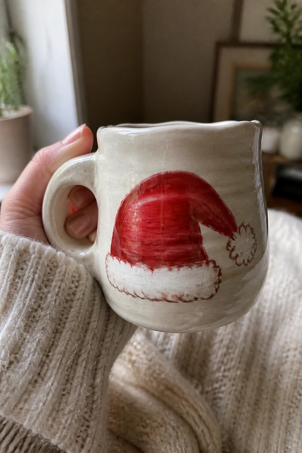 Hand in cream knit sweater holding mug with red Santa hat painting