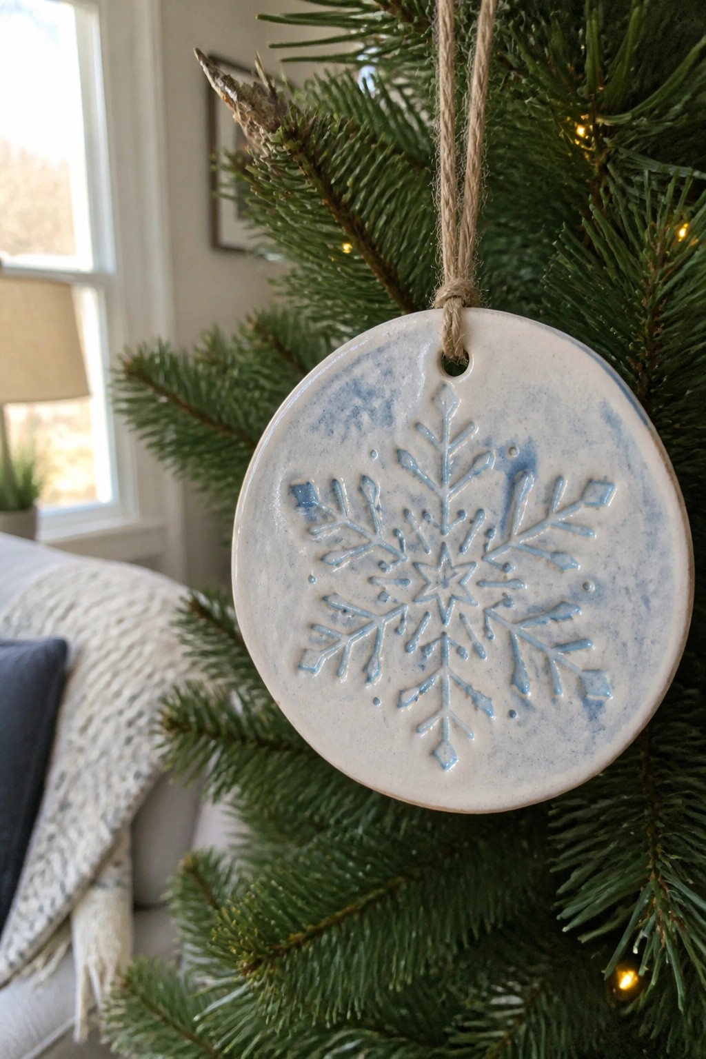 White round ceramic ornament with blue snowflake hanging on green Christmas tree