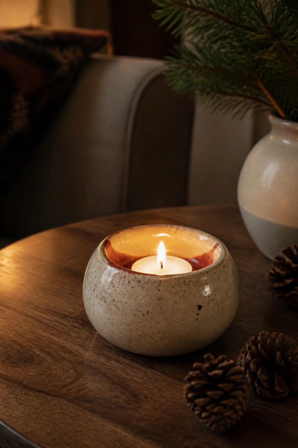 Lit candle in speckled ceramic bowl on wooden table with pinecones and vase