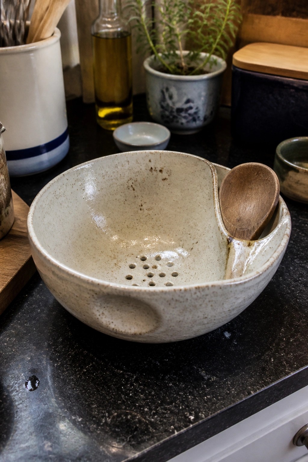 Speckled ceramic bowl with wooden spoon on dark kitchen countertop