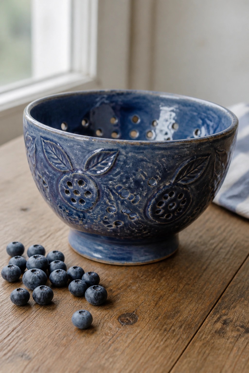 Blue ceramic berry colander with embossed fruits beside scattered blueberries on wood.