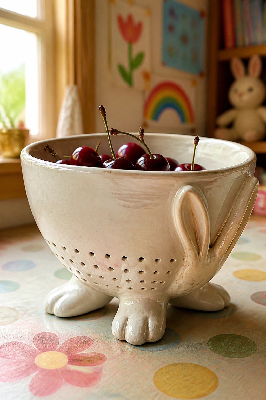 Cream-colored ceramic bunny colander filled with red cherries on polka-dot cloth