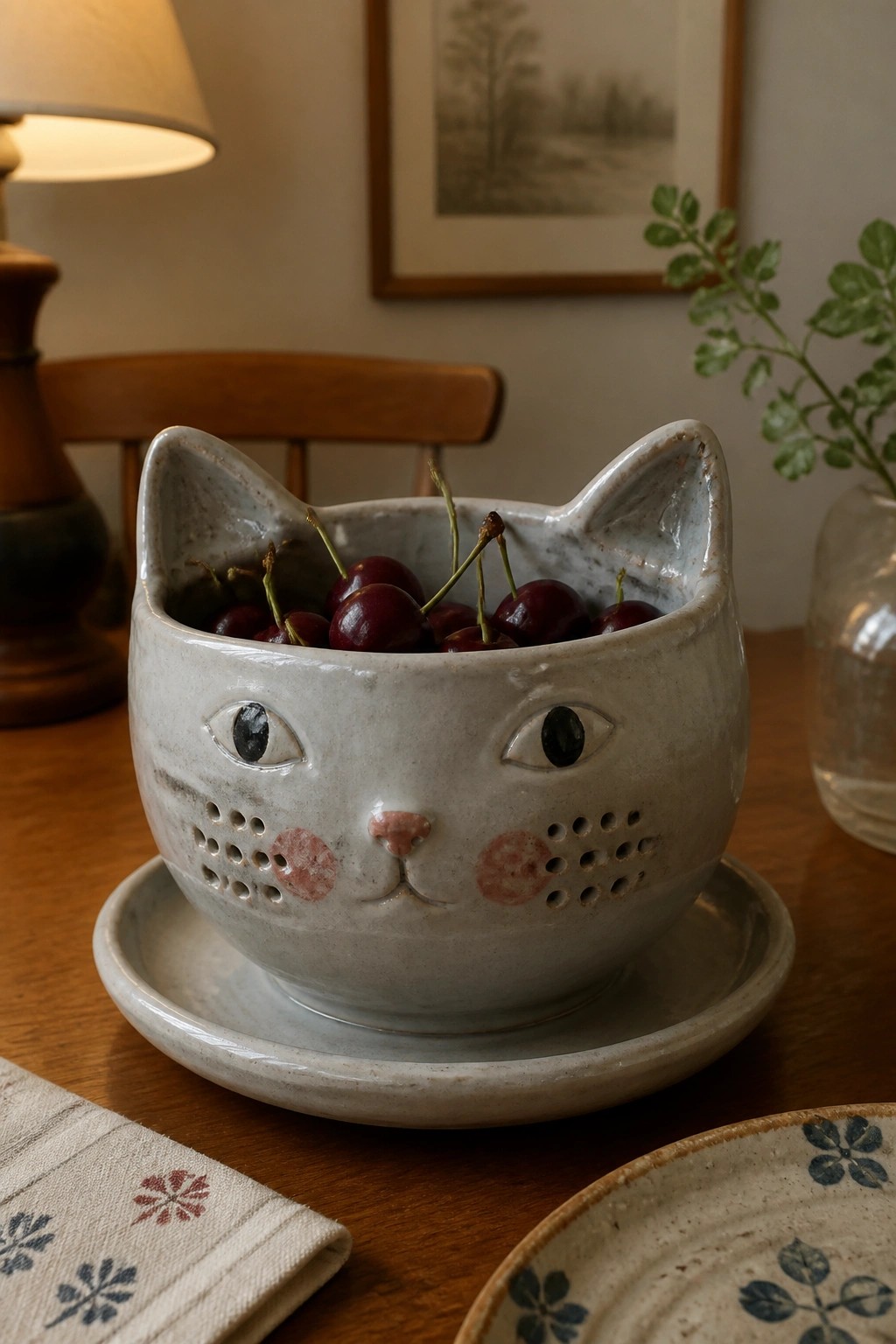 Ceramic cat-faced bowl brimming with red cherries on a wooden table saucer