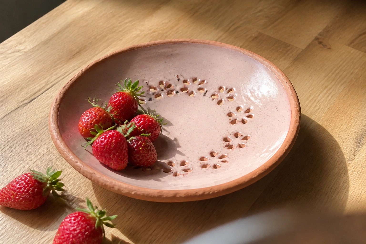 Pink pottery bowl with flower cutouts and strawberries on wooden table