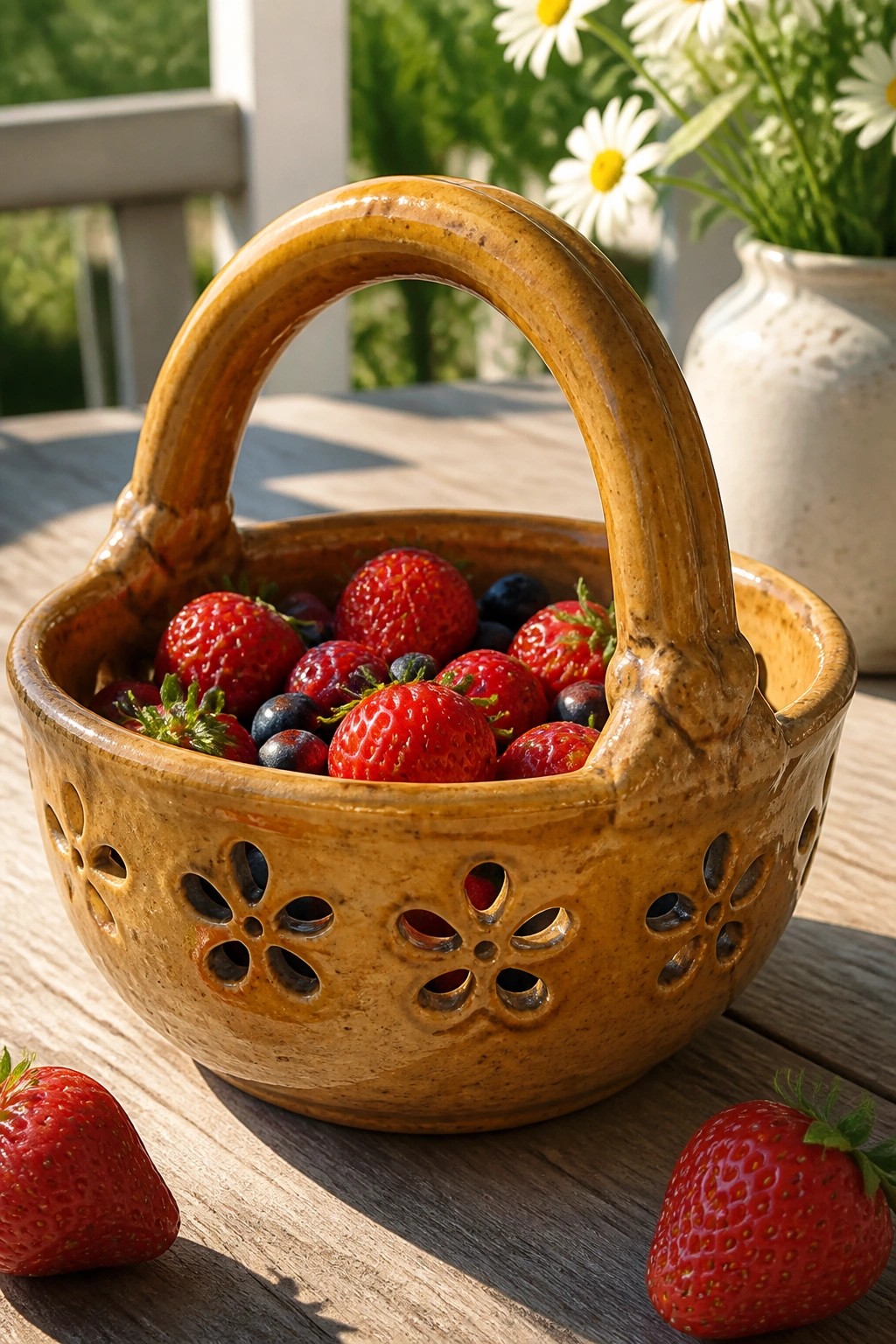 Brown ceramic basket with flower cutouts holding strawberries and blueberries on wooden table