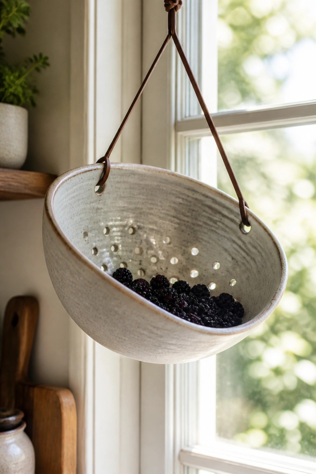 Hanging speckled ceramic colander filled with blackberries, suspended by leather straps near window