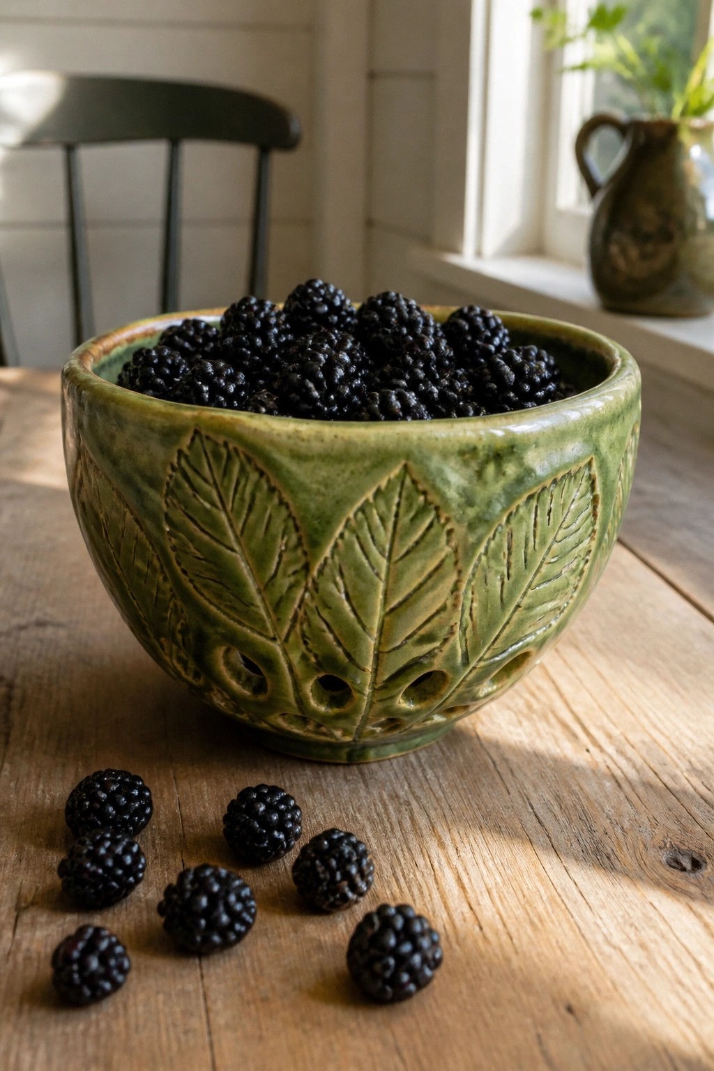 Green leaf-embossed ceramic bowl overflowing with blackberries on rustic wooden table.