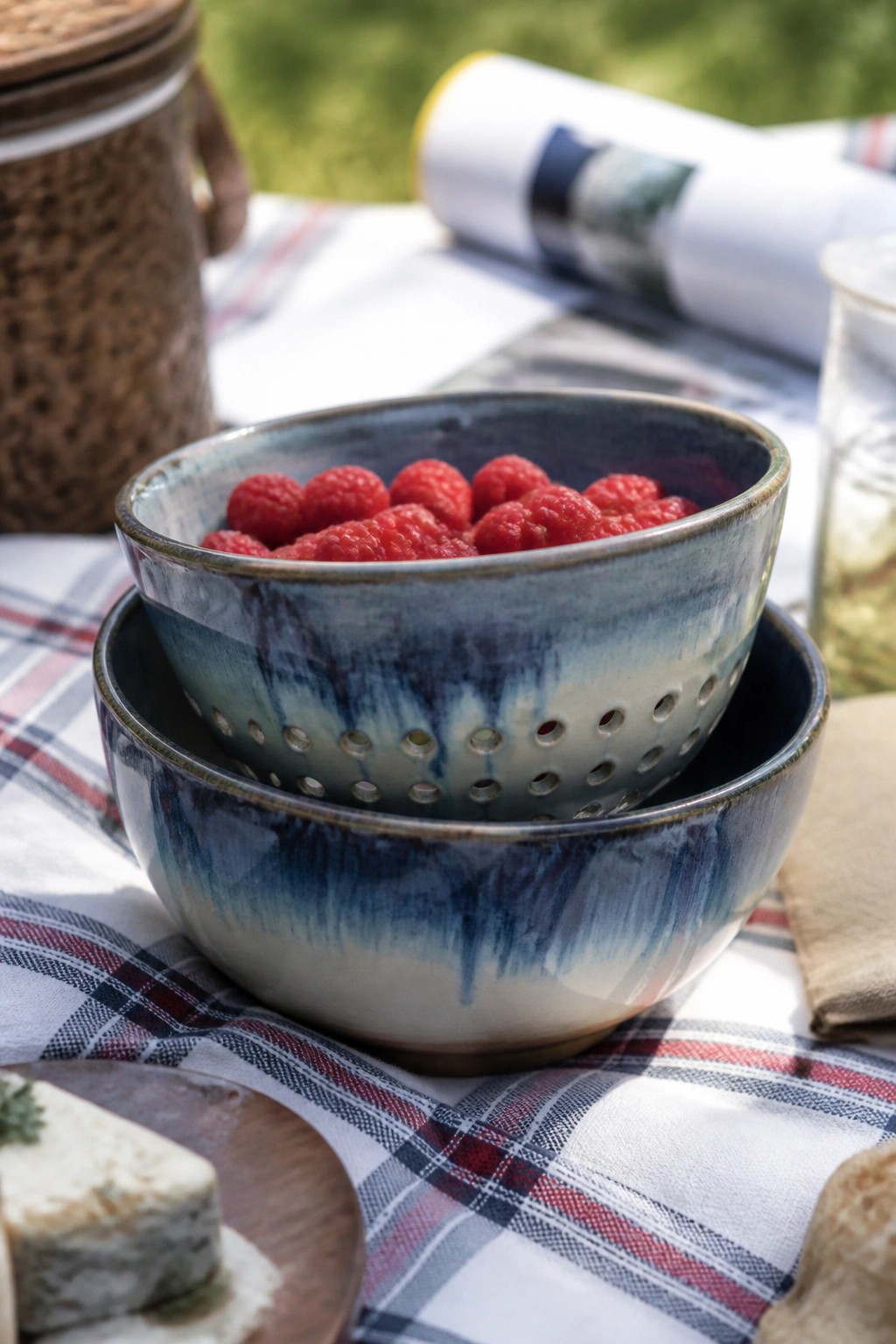 Blue ceramic colander of raspberries nested in bowl on plaid picnic blanket