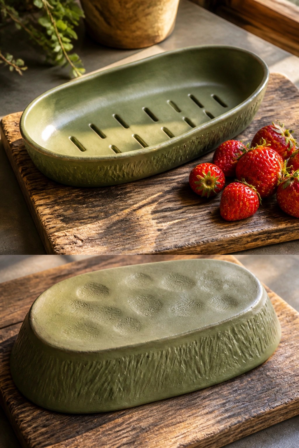 Green oval ceramic dish with slotted top and textured base beside strawberries on wood
