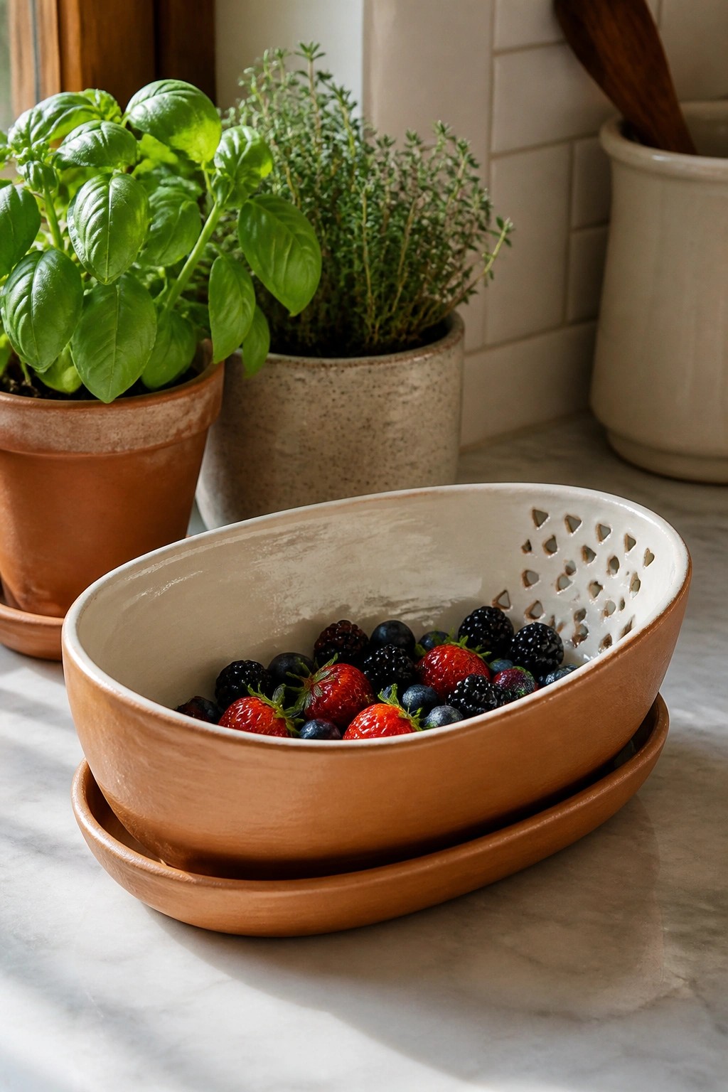 Terracotta colander bowl of mixed berries beside potted basil and thyme