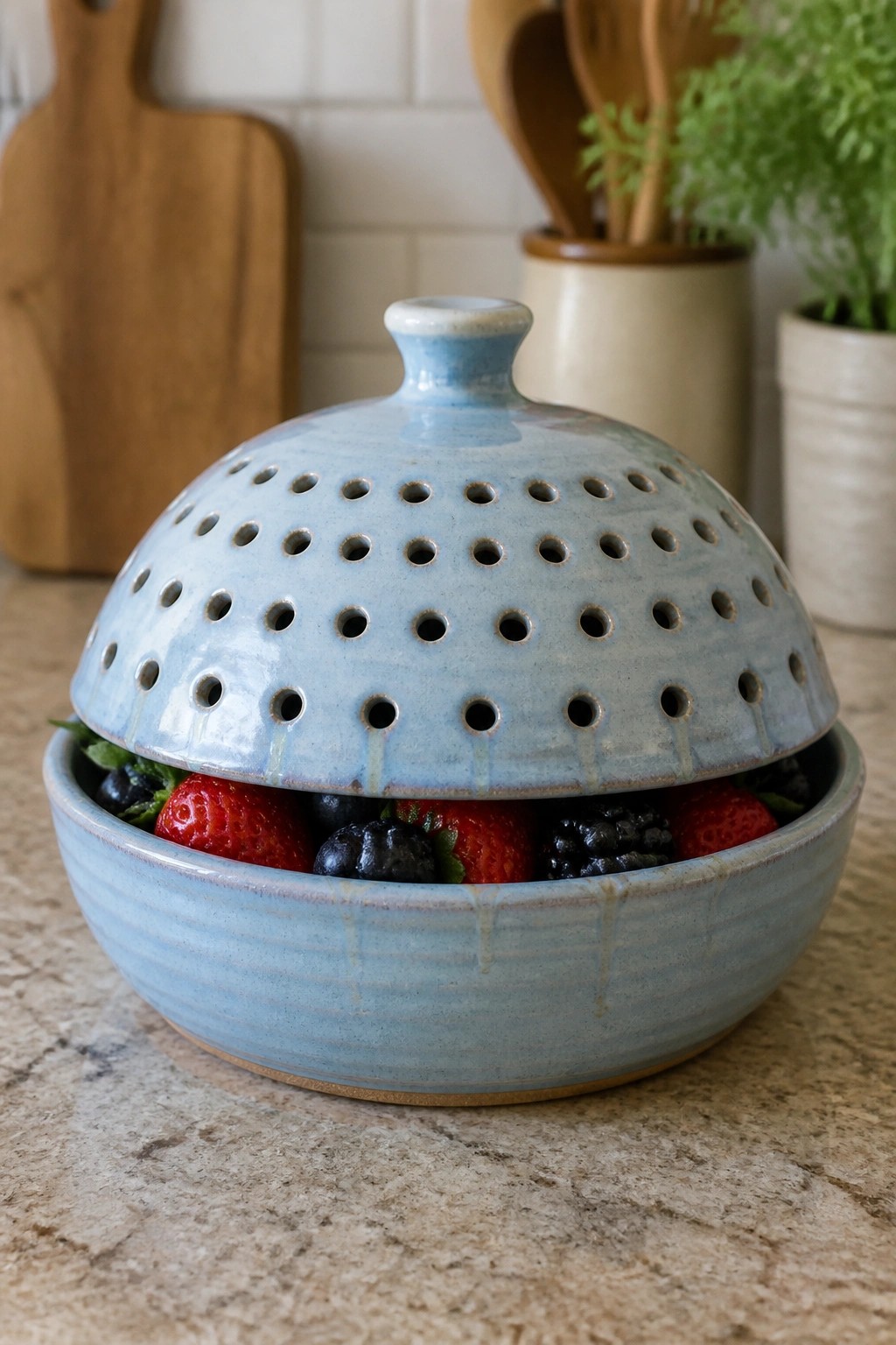 Light blue ceramic berry bowl with perforated lid brimming with strawberries, blueberries, and blackberries.