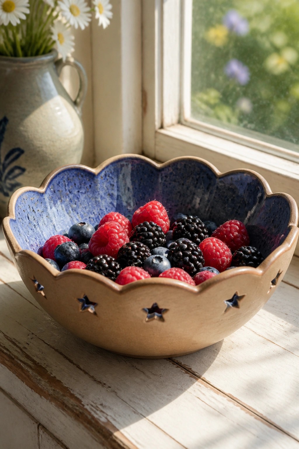 Scalloped blue ceramic bowl of mixed berries on sunlit wooden windowsill with daisies nearby