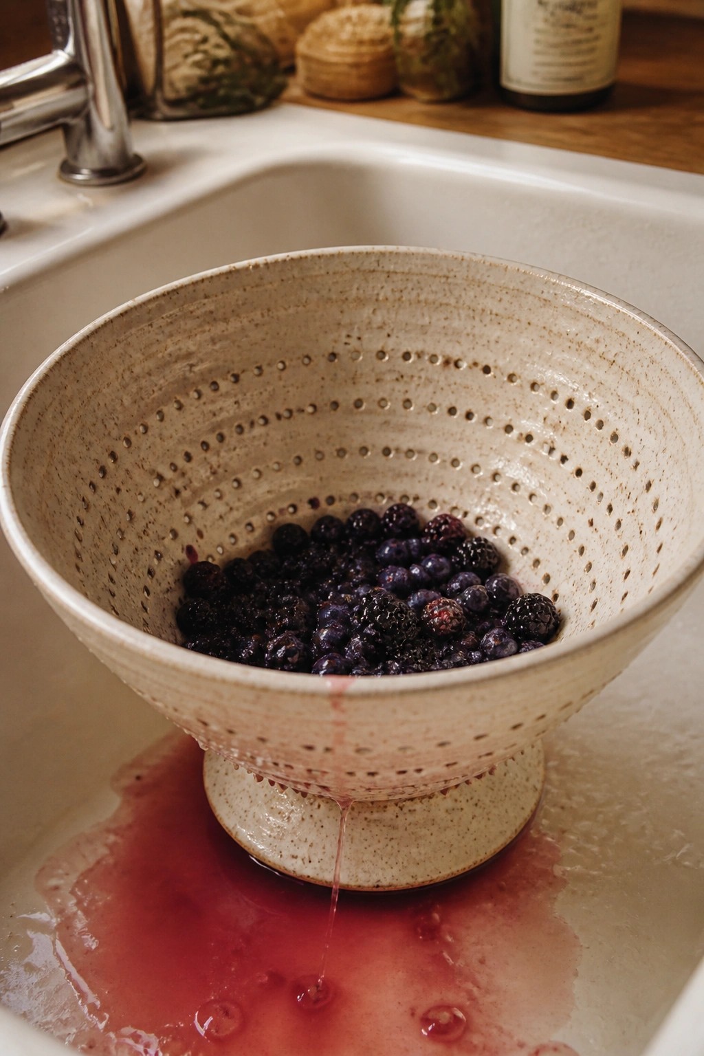 Ceramic colander of mixed berries dripping juice into white kitchen sink
