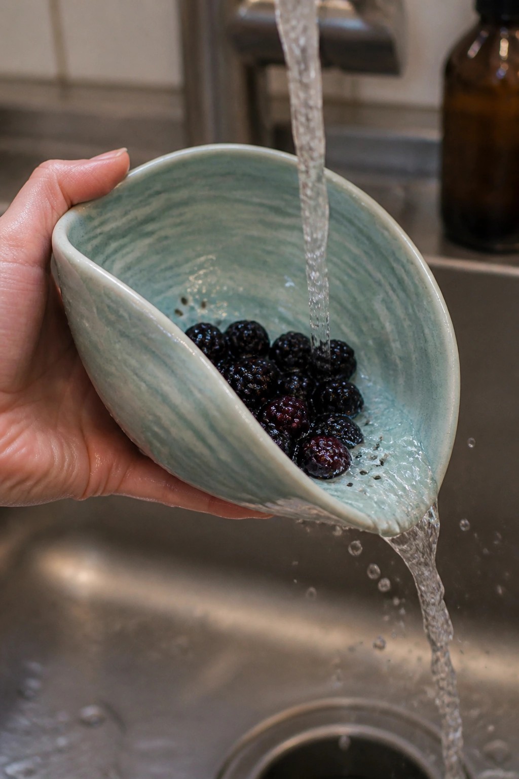 Hand holds marbled teal bowl of blackberries under running kitchen faucet water