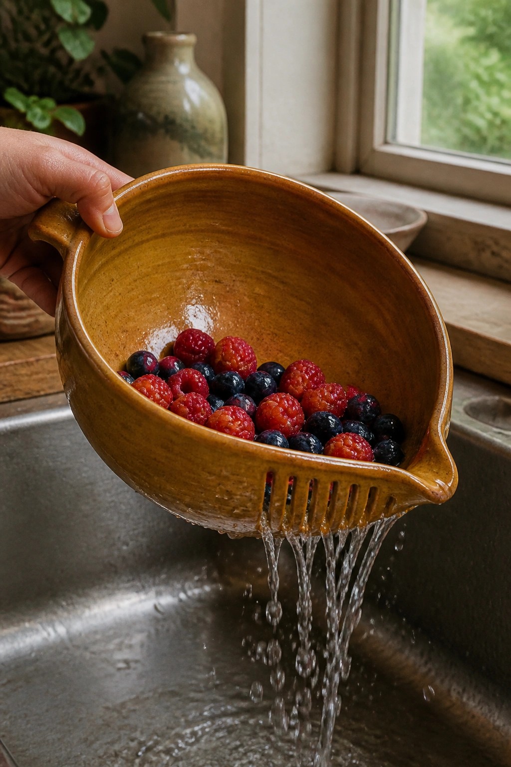 Hand rinsing raspberries and blueberries in brown ceramic bowl over kitchen sink.