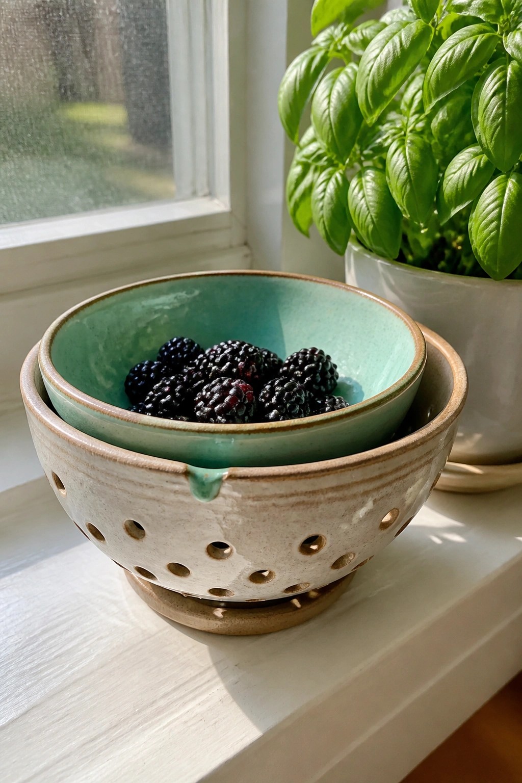 A turquoise ceramic bowl filled with blackberries sits inside a beige pierced colander bowl on a windowsill next to a potted basil plant.