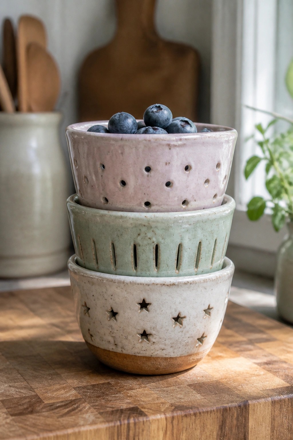 Three stacked ceramic bowls with star, slit, and dot patterns holding blueberries on wood.
