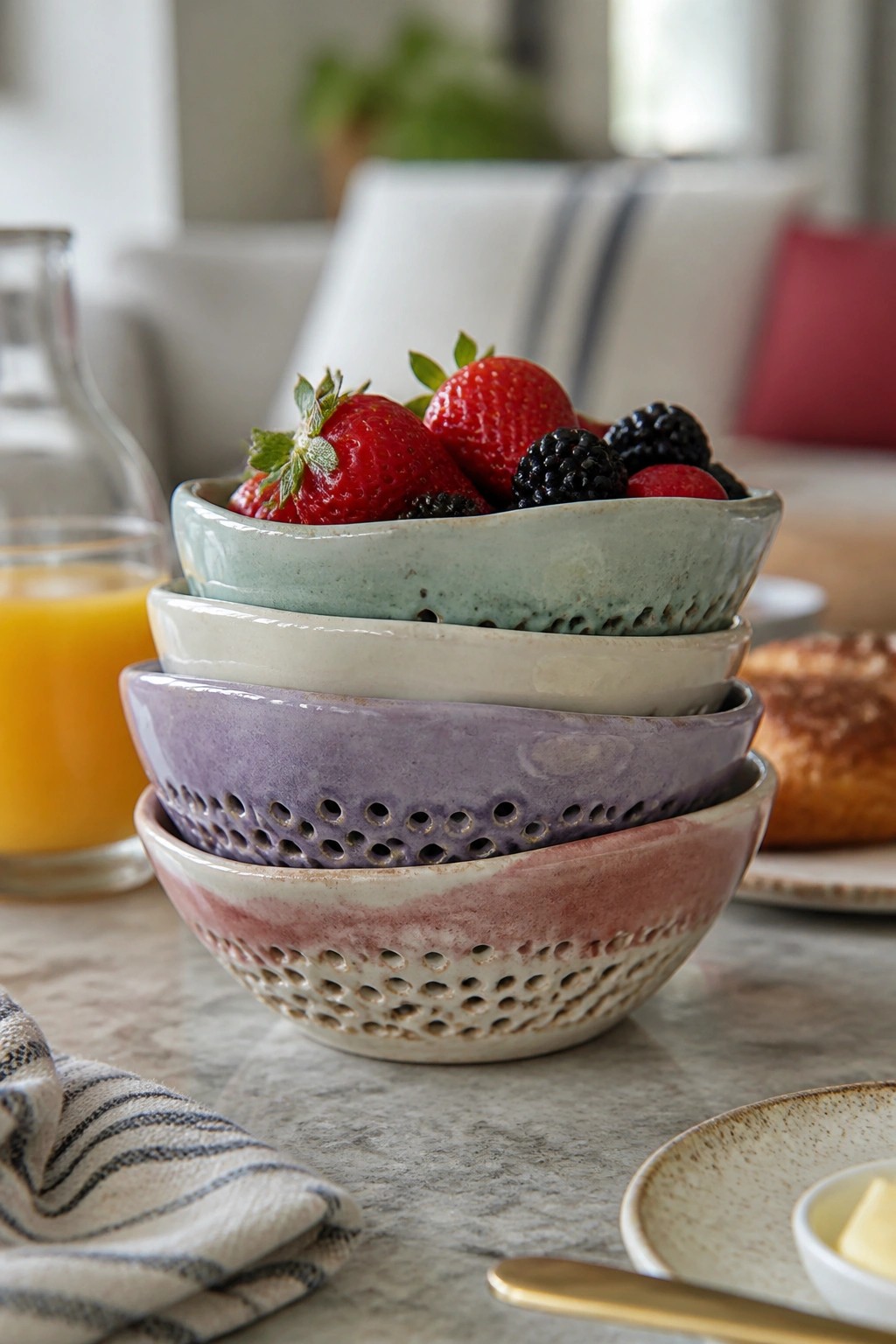 Stacked colorful ceramic bowls brimming with fresh strawberries and blackberries on marble.