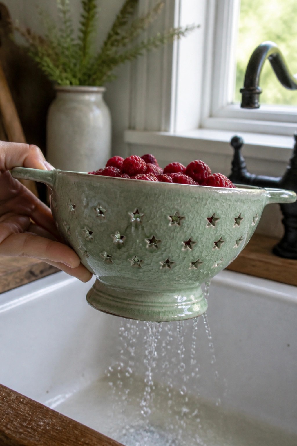 Hand holding green star-holed ceramic colander of raspberries draining into white sink