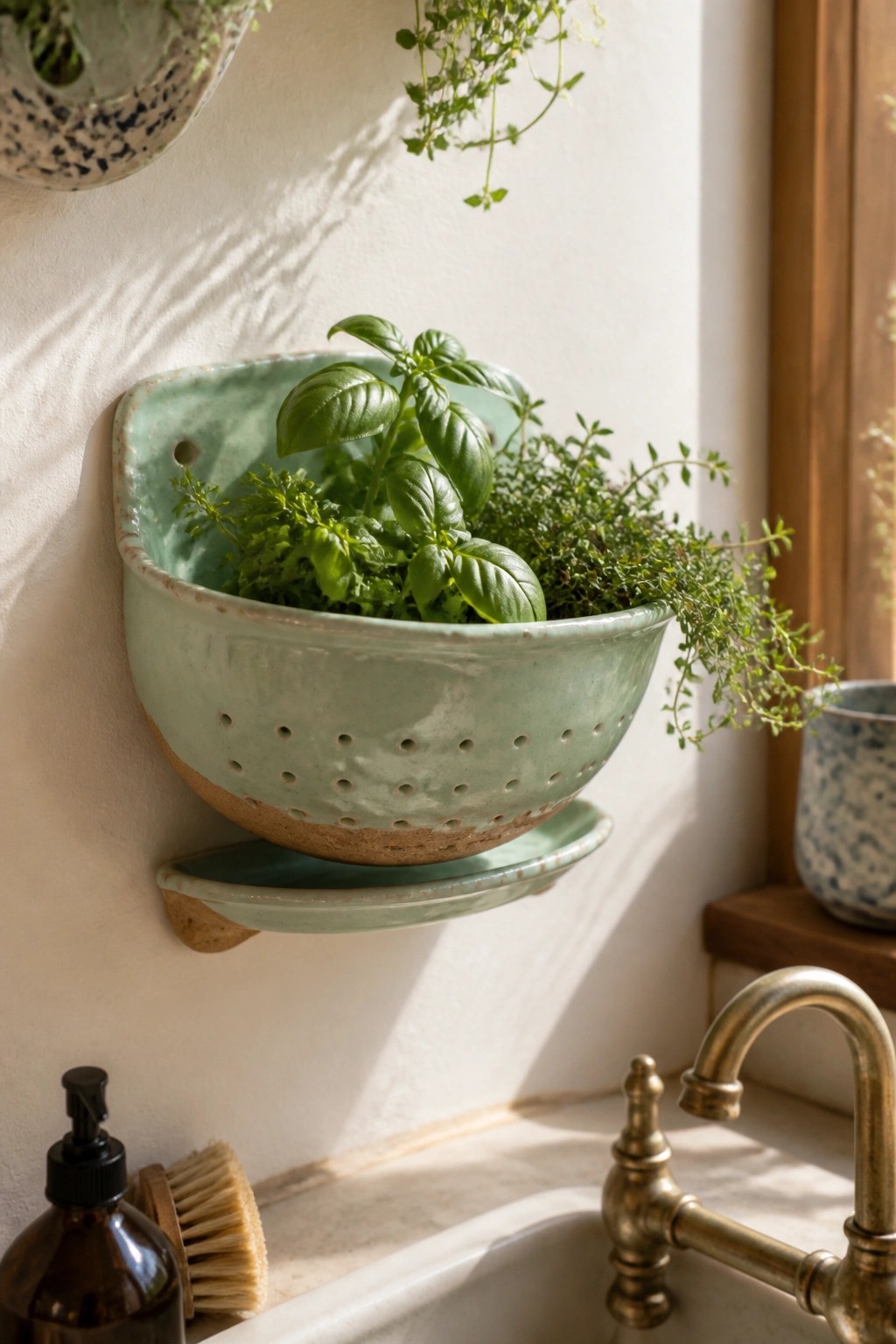 Mint green ceramic colander with fresh herbs mounted above kitchen sink with brass faucet