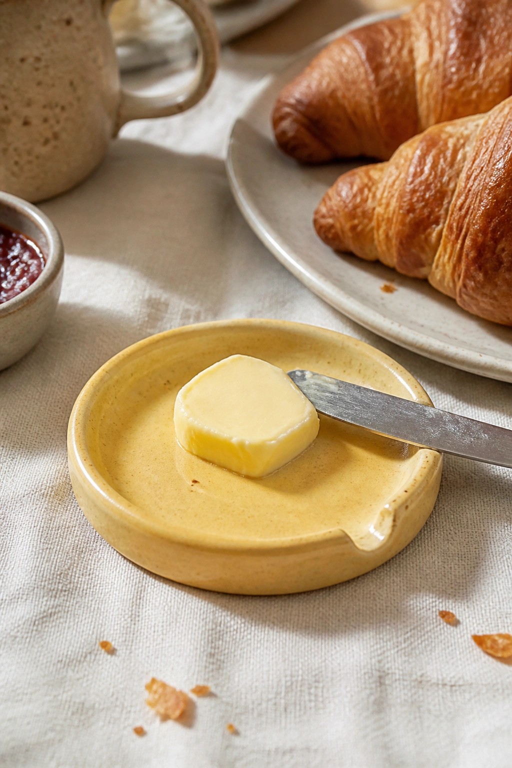 Yellow ceramic butter dish with pat of butter and knife beside croissants and jam