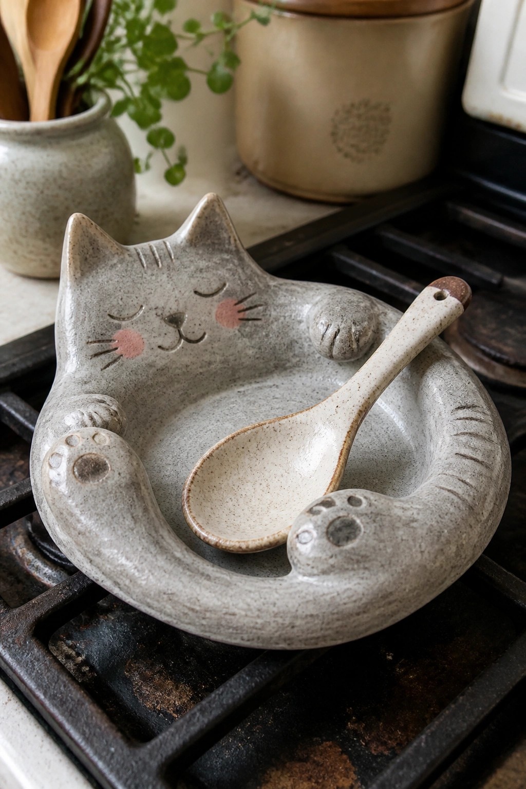 A speckled ceramic spoon rest shaped like a curled cat with a spoon resting in the center on a stovetop.