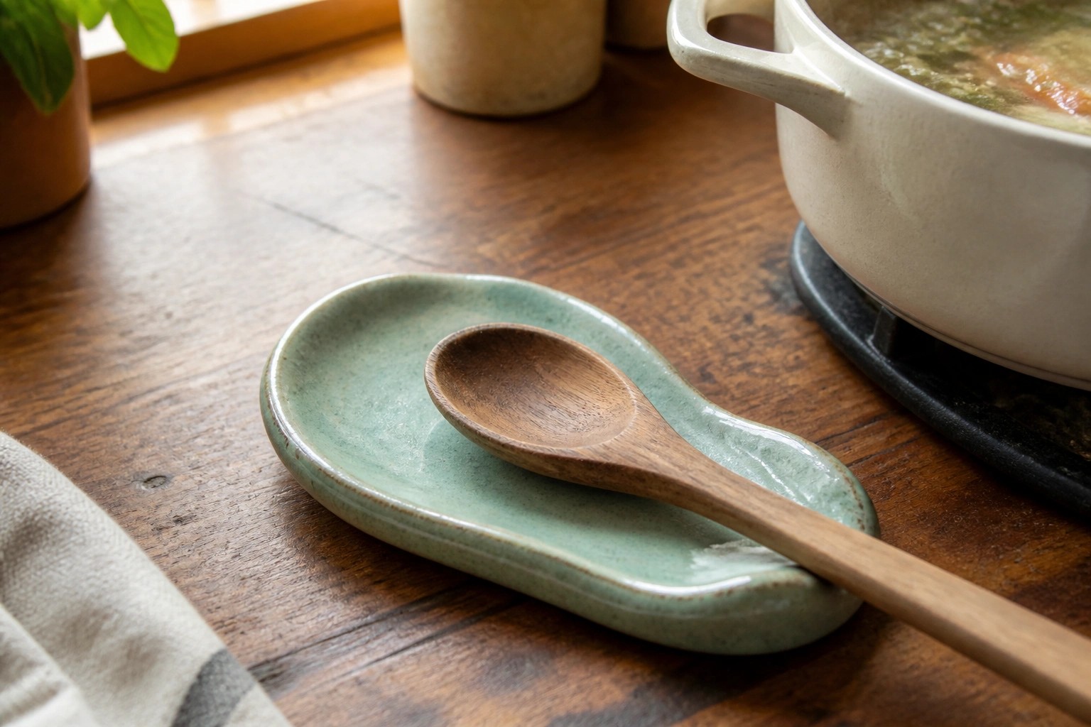 Wooden spoon resting in light green ceramic spoon rest on rustic wooden counter