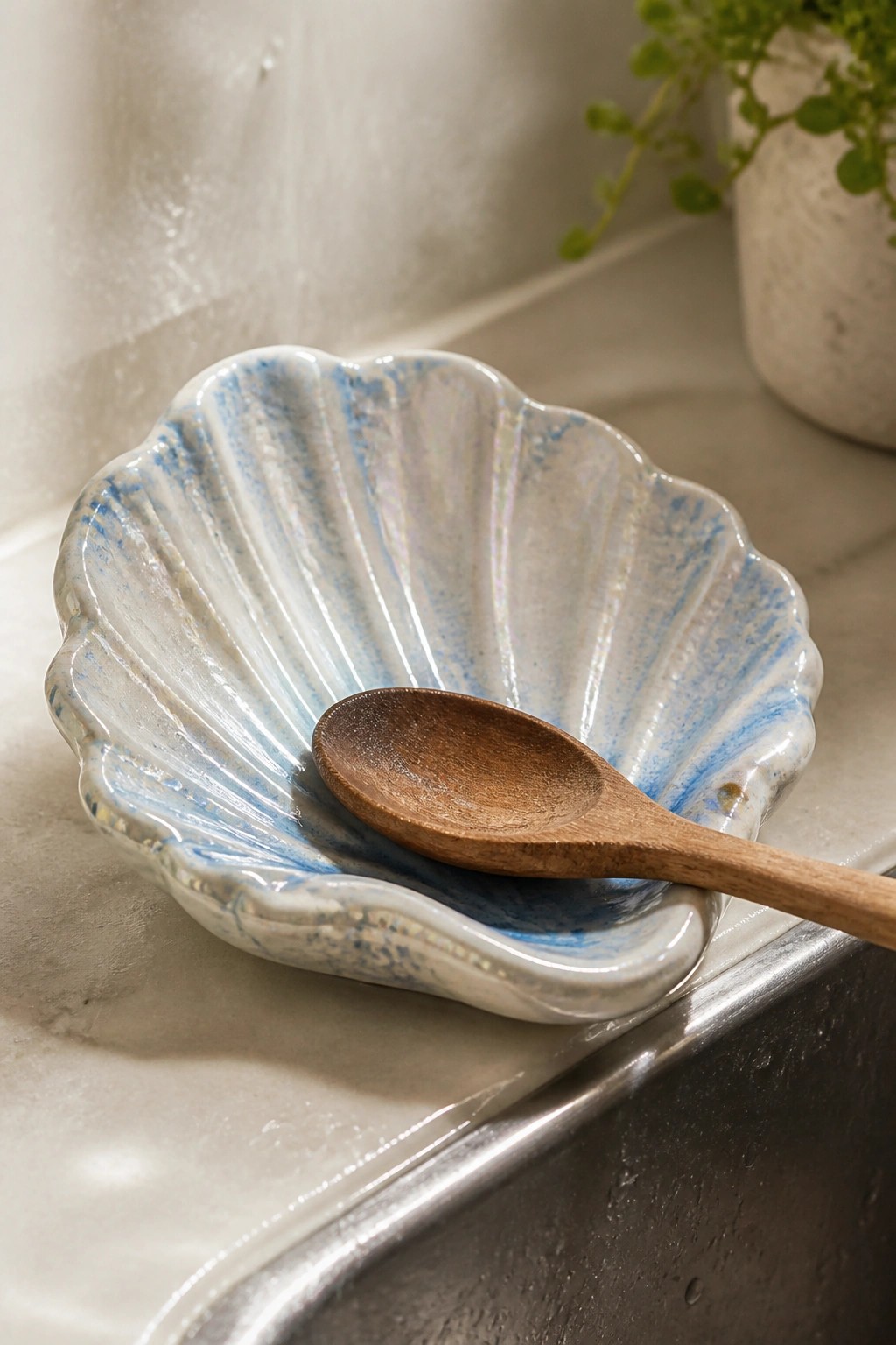 Blue and white seashell ceramic bowl holding wooden spoon on marble countertop near sink