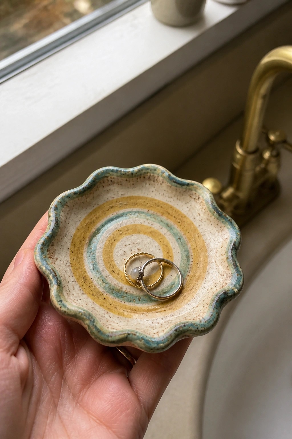Hand holding scalloped ceramic bowl with yellow teal swirls and two rings inside