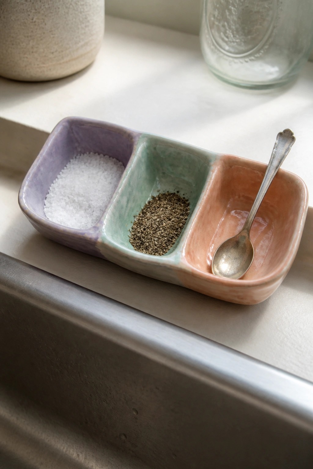 Pastel three-section ceramic dish with salt, pepper, and spoon near sink.