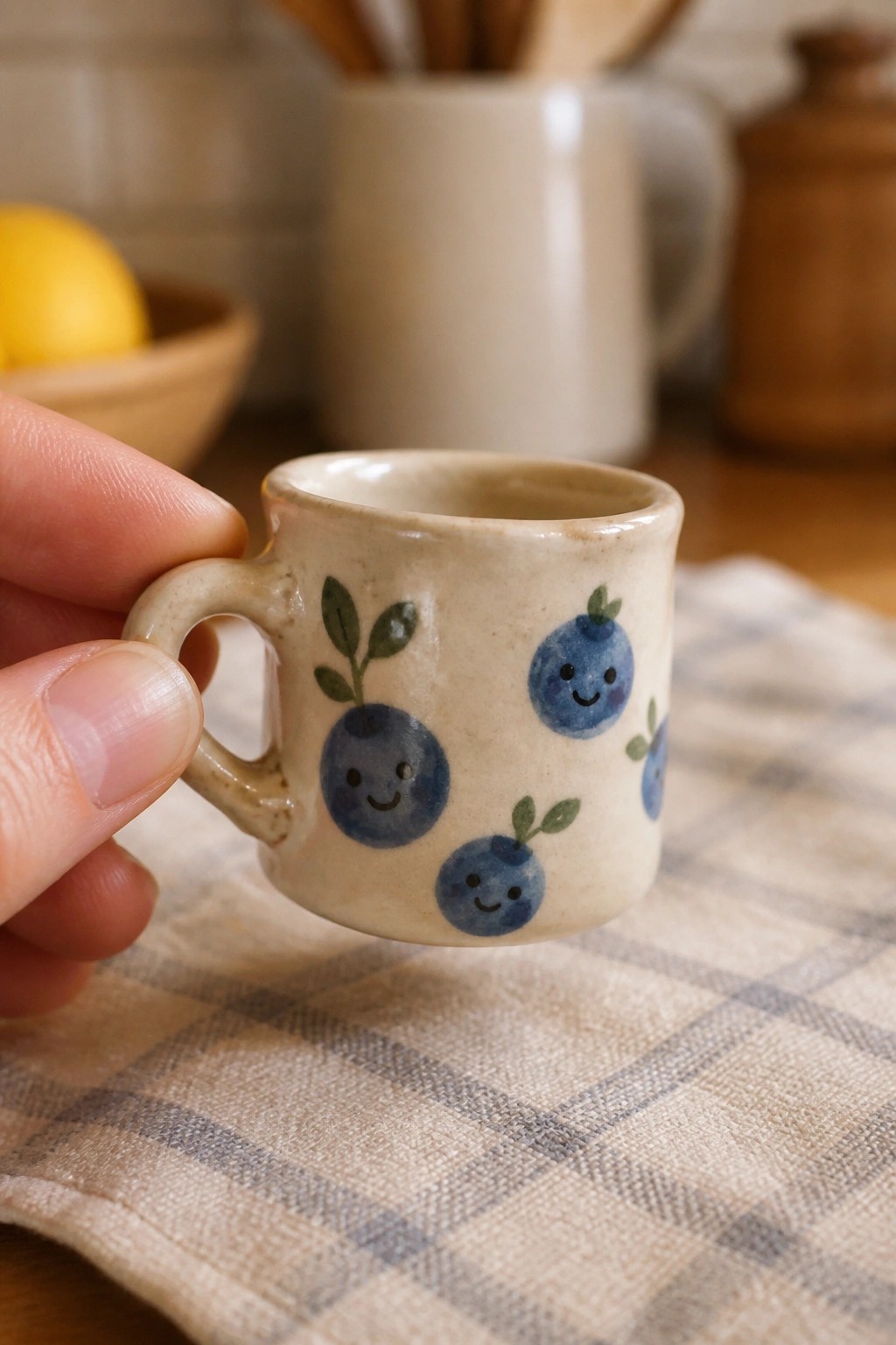 Hand holding tiny ceramic mug with smiling blueberry faces over checkered cloth