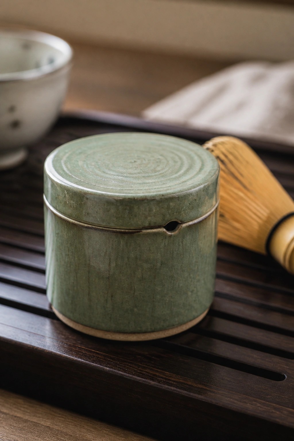Green ceramic tea caddy with lid beside bamboo whisk on dark wooden tray