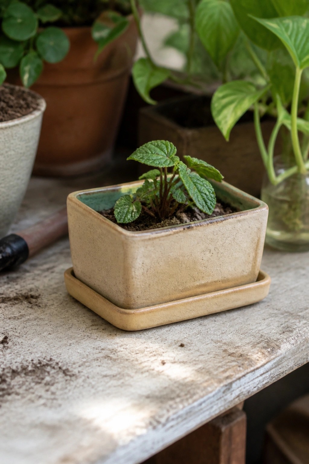 Small green plant in beige square ceramic pot with saucer on wooden table
