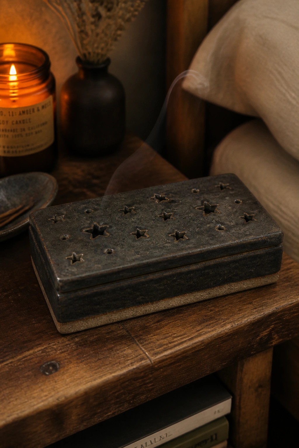 Rustic dark box with star cutouts releases curling incense smoke on wooden table