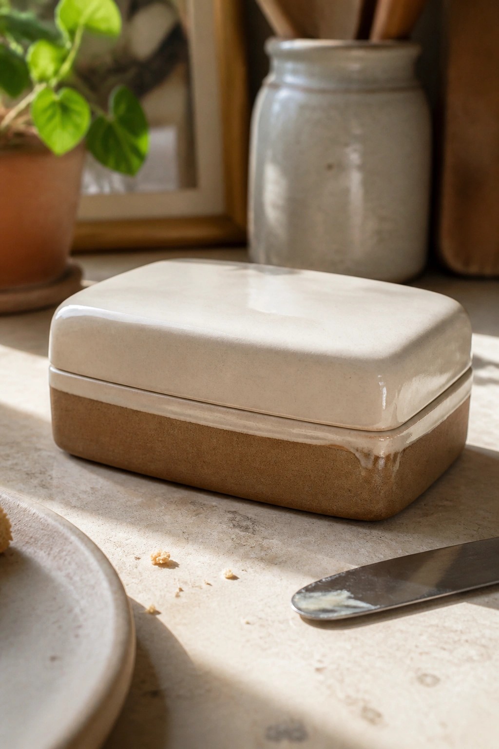 Two-tone ceramic butter dish with knife on sunlit marble countertop.